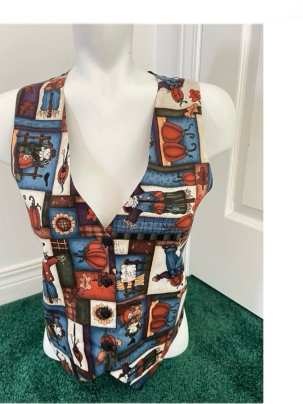 Vintage 90s Folk Art Vest • Whimsical Autumn Print • Adjustable Waist S–L